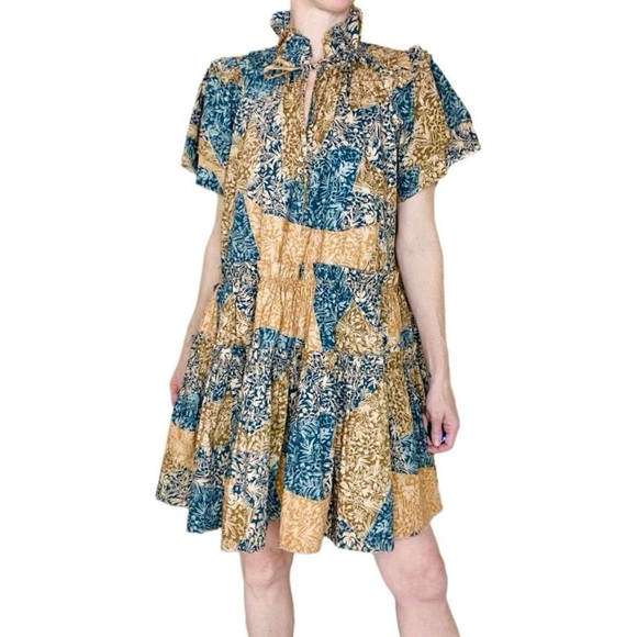 Hunter Bell Blue & Brown Floral Patchwork Mini Babydoll Dress